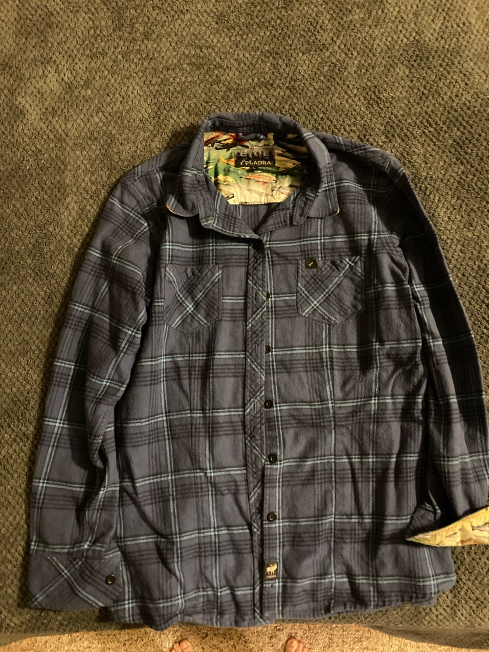 Pladra Plaid Button-Up Flannel in Dark Blue, fish accents